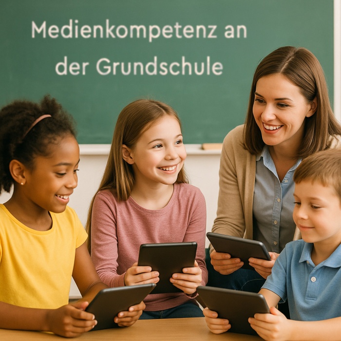 Das Bild zeigt eine Lehrerin die mit ihren Schülern an Tablets arbeitet. Auf der Tafel im Hintergrund sieht man die Aufschrift: 