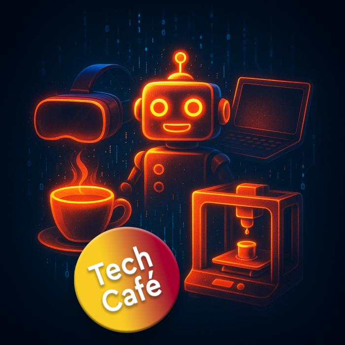 Das Bild zeigt eine VR-Brille, einen Roboter, ein Laptop, eine Kaffeetasse sowie einen 3D Drucker. Unten ist ein Button mit der Aufschrift Tech-Café. 