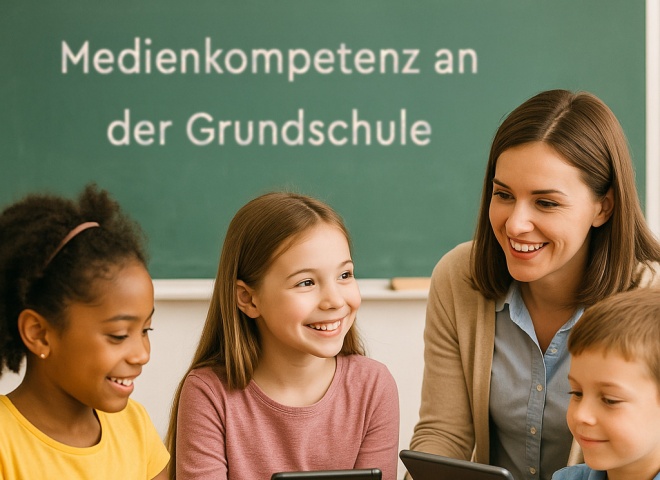 Das Bild zeigt eine Lehrerin die mit ihren Schülern an Tablets arbeitet. Auf der Tafel im Hintergrund sieht man die Aufschrift: 