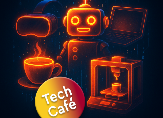 Das Bild zeigt eine VR-Brille, einen Roboter, ein Laptop, eine Kaffeetasse sowie einen 3D Drucker. Unten ist ein Button mit der Aufschrift Tech-Café. 